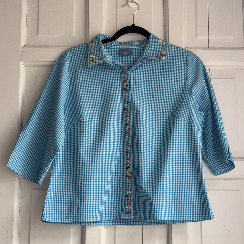 Westbound Womens Shirt Medium Petite Blue Check Button Up Long Sleeve Cotton